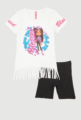 Little Girls Living My Blessed Life Graphic Fringe Tee and Shorts, White, Size 4
