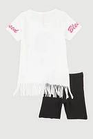 Little Girls Living My Blessed Life Graphic Fringe Tee and Shorts, White, Size 4