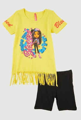 Little Girls Living My Blessed Life Graphic Fringe Tee and Shorts, Yellow, Size 6X