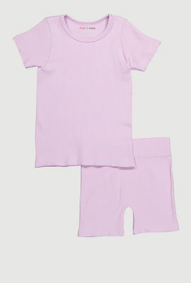 Little Girls Seamless Ribbed Knit Tee and Biker Shorts Set, Purple, Size 5-6