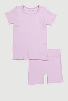 Little Girls Seamless Ribbed Knit Tee and Biker Shorts Set, Purple, Size 5-6