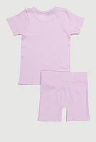 Little Girls Seamless Ribbed Knit Tee and Biker Shorts Set, Purple, Size 5-6