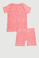 Little Girls Acid Wash Seamless Ribbed Knit Tee and Biker Shorts Set, Pink,