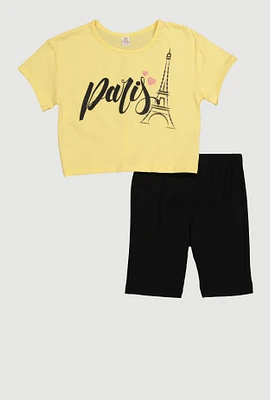 Girls Paris Eiffel Tower Tee and Shorts, Yellow, Size 10-12