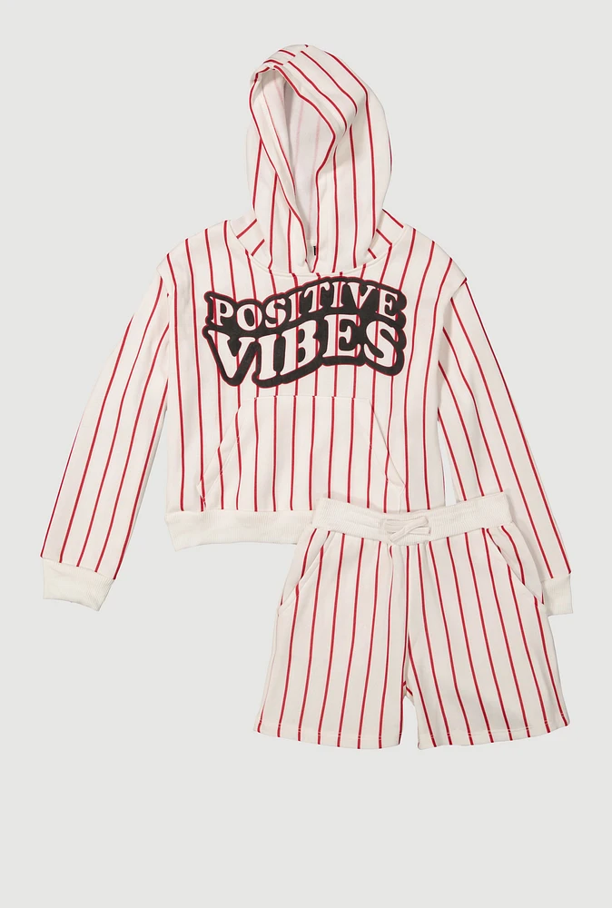 Girls Positive Vibes Striped Graphic Hoodie and Sweatshorts,