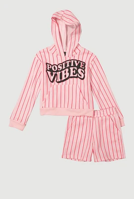 Girls Positive Vibes Striped Graphic Hoodie and Sweatshorts, Pink, Size 14-16