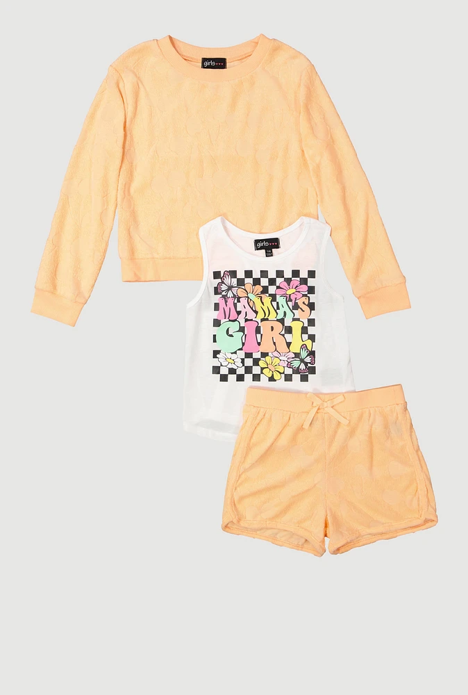 Girls Terry Cloth Cherry Patterned Sweatshirt and Shorts Set, Orange, Size 10-12
