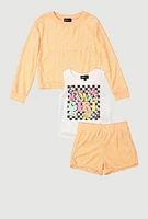 Girls Terry Cloth Cherry Patterned Sweatshirt and Shorts Set, Orange, Size 10-12