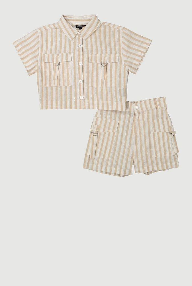 Girls Lurex Striped Shirt and Cargo Shorts, 7-8
