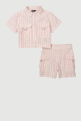 Girls Lurex Striped Shirt and Cargo Shorts, Pink, Size 7-8