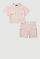 Girls Lurex Striped Shirt and Cargo Shorts, Pink, Size 7-8