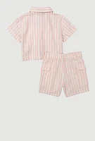 Girls Lurex Striped Shirt and Cargo Shorts, Pink, Size 7-8