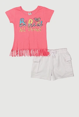 Girls Be Real Not Perfect Graphic Tee and Cargo Shorts, Pink, Size 10-12