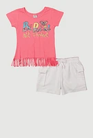 Girls Be Real Not Perfect Graphic Tee and Cargo Shorts, Pink, Size 10-12
