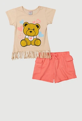 Girls Teddy Bear Fringe Tee and Shorts, Orange, Size 10-12