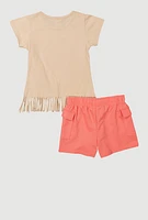 Girls Teddy Bear Fringe Tee and Shorts, Orange, Size 10-12