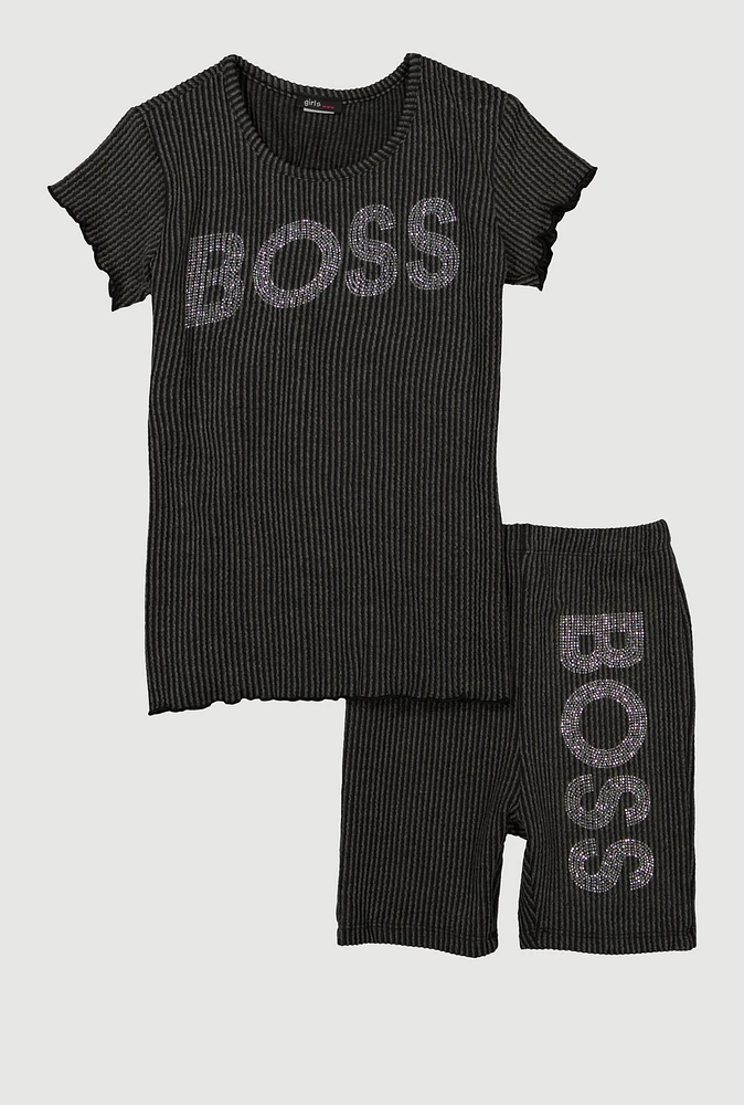 Girls Boss Rhinestone Top and Shorts, Grey, Size 10-12