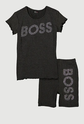 Girls Boss Rhinestone Top and Shorts, Grey, Size 10-12