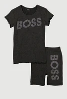 Girls Boss Rhinestone Top and Shorts, Grey, Size 10-12