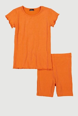 Girls Lettuce Edge Rib Knit Tee and Shorts, Orange, Size 14-16