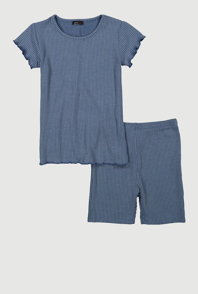 Girls Lettuce Edge Rib Knit Tee and Shorts, 7-8