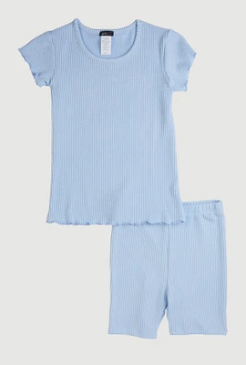 Girls Lettuce Edge Rib Knit Tee and Shorts, Blue, Size 14-16