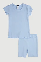 Girls Lettuce Edge Rib Knit Tee and Shorts, Blue, Size 14-16