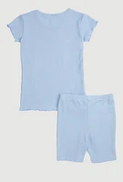 Girls Lettuce Edge Rib Knit Tee and Shorts, Blue, Size 14-16