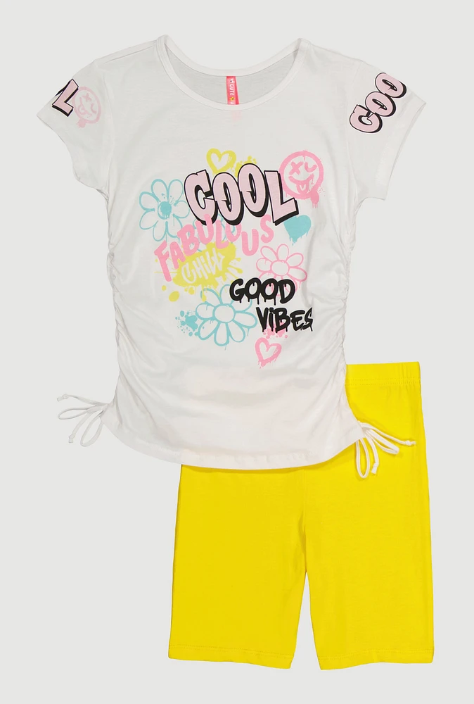 Girls Fabulous Good Vibes Graphic Tee and Biker Shorts, Yellow, Size 7-8