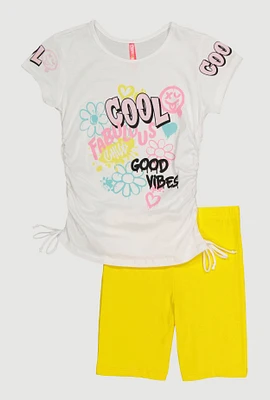 Girls Fabulous Good Vibes Graphic Tee and Biker Shorts, Yellow, Size 7-8