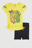 Girls Change The World Graphic Tee and Biker Shorts, Yellow,