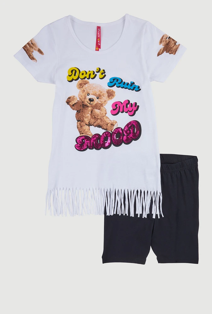 Girls Dont Ruin My Mood Bear Graphic Tee and Shorts, White,