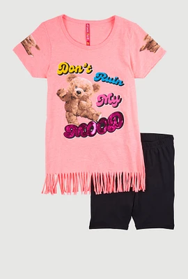Girls Dont Ruin My Mood Bear Graphic Tee and Shorts, Pink, Size 7-8