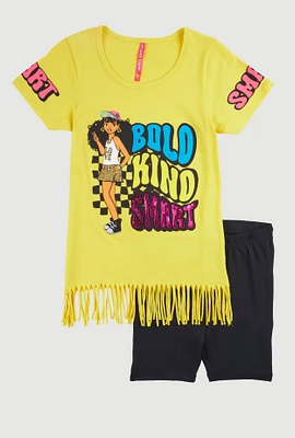 Girls Sequin Bold Kind Smart Graphic Tee and Biker Shorts, Yellow, Size 10-12