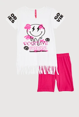 Girls Sequin Positive Seeker Graphic Tee and Biker Shorts, Pink, Size 10-12