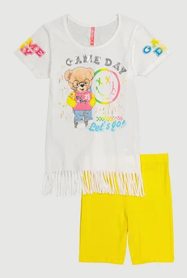 Girls Game Day Sequin Fringe Top and Biker Shorts, Yellow, Size 10-12