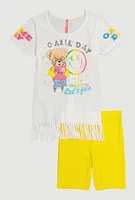 Girls Game Day Sequin Fringe Top and Biker Shorts, Yellow, Size 10-12