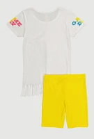 Girls Game Day Sequin Fringe Top and Biker Shorts, Yellow, Size 10-12