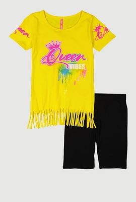 Girls Queen Vibes Graphic Tee and Biker Shorts, Yellow,
