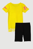 Girls Queen Vibes Graphic Tee and Biker Shorts, Yellow,
