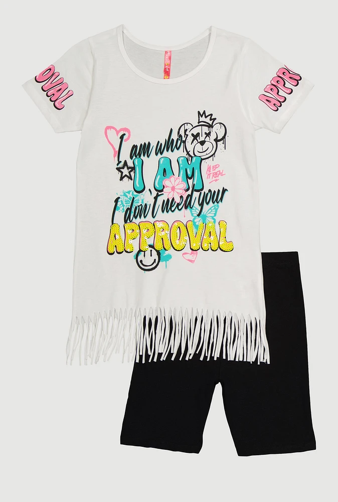 Girls Sequin Approval Graphic Tee and Biker Shorts, White, Size 7-8