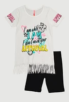 Girls Sequin Approval Graphic Tee and Biker Shorts, White, Size 7-8