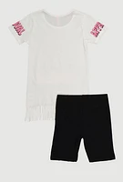 Girls Sequin Approval Graphic Tee and Biker Shorts, White, Size 7-8