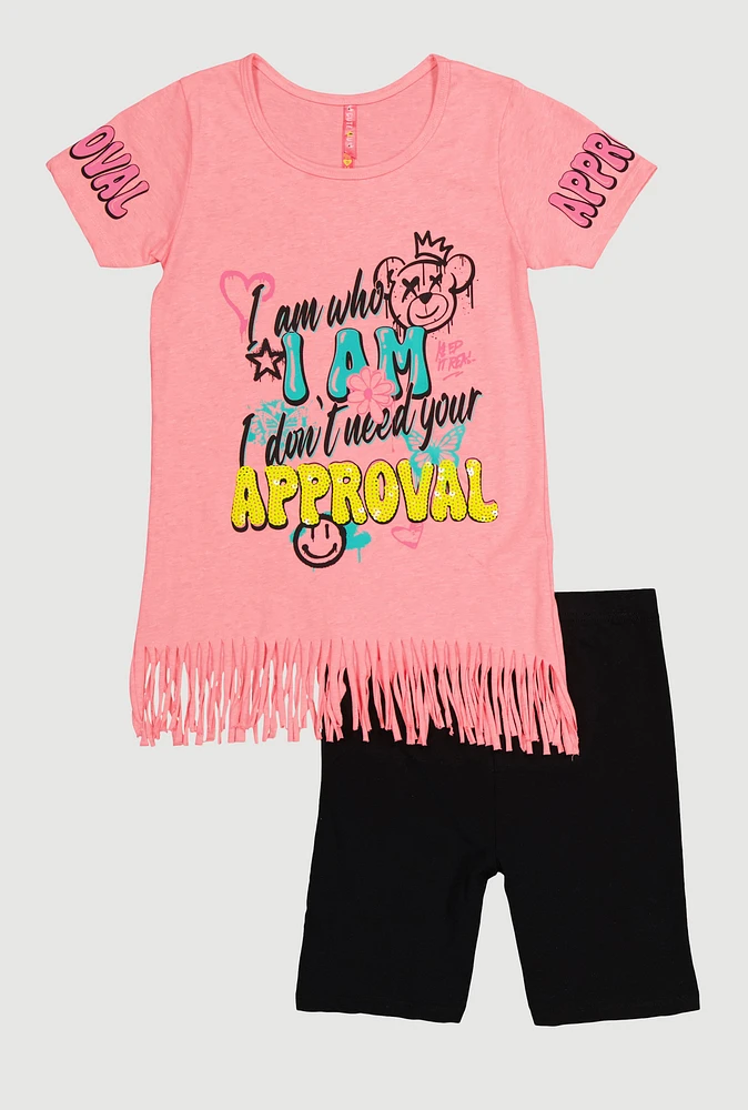 Girls Sequin Approval Graphic Tee and Biker Shorts, Pink, Size 10-12