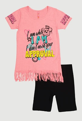 Girls Sequin Approval Graphic Tee and Biker Shorts, Pink, Size 10-12