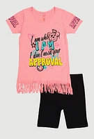 Girls Sequin Approval Graphic Tee and Biker Shorts, Pink, Size 10-12