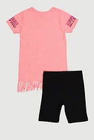 Girls Sequin Approval Graphic Tee and Biker Shorts, Pink, Size 10-12