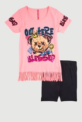 Girls Sequin Out Here Being Blessed Graphic Tee and Biker Shorts, Pink, Size 7-8