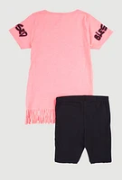 Girls Sequin Out Here Being Blessed Graphic Tee and Biker Shorts, Pink, Size 10-12