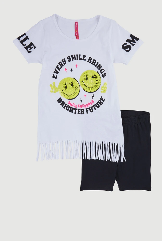 Girls Sequin Smile Everyday Graphic Tee and Biker Shorts, White, Size 10-12